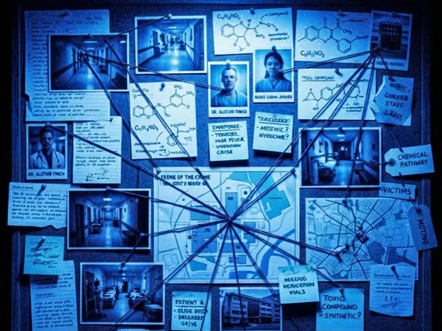 A blue-lit investigation board covered in notes and connecting threads